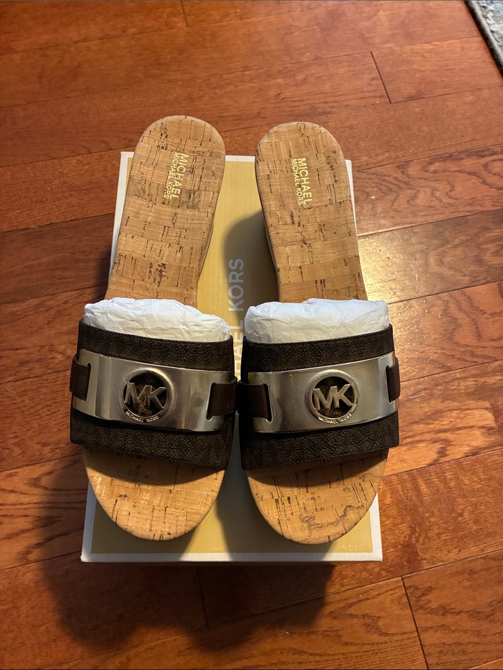 Michael Kors Brown Cork with gold MK shoes Logo Warren Platform size 10 Sandals